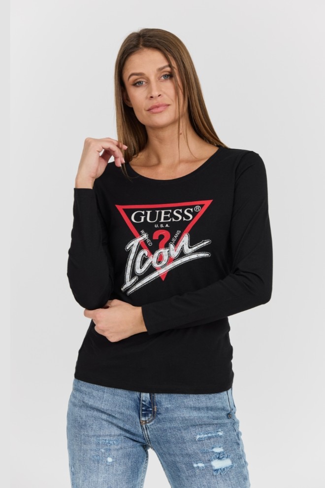 GUESS Czarny damski longsleeve Icon Tee z dużym logo, Rozmiar M