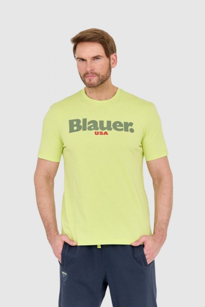 BLAUER Zielony męski t-shirt z dużym logo, Rozmiar XL