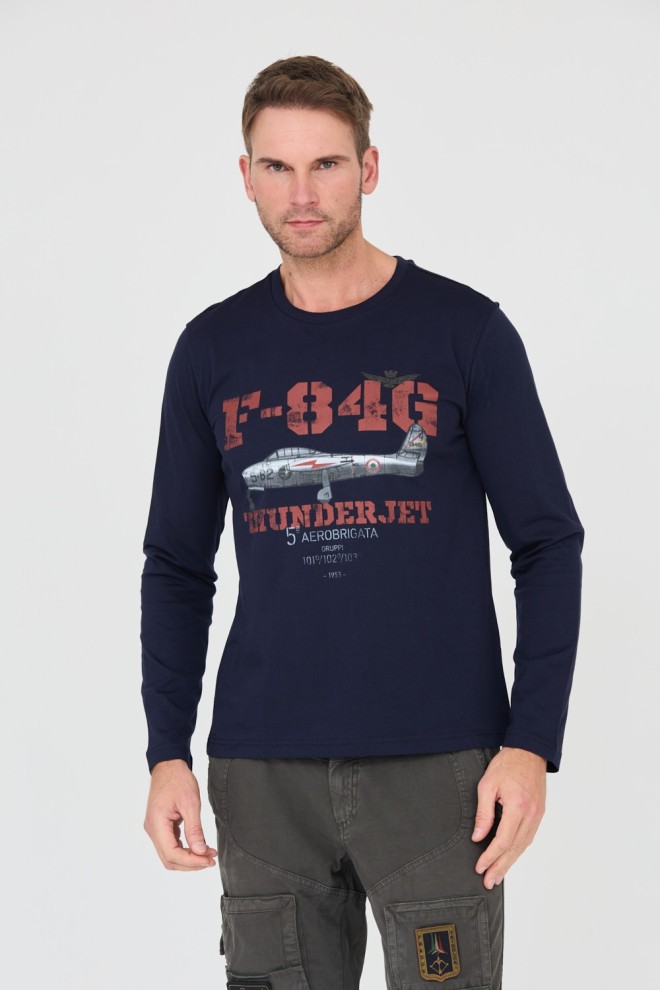 AERONAUTICA MILITARE Granatowy męski bawełniany longsleeve F-84G Thunderjet, Rozmiar XXL