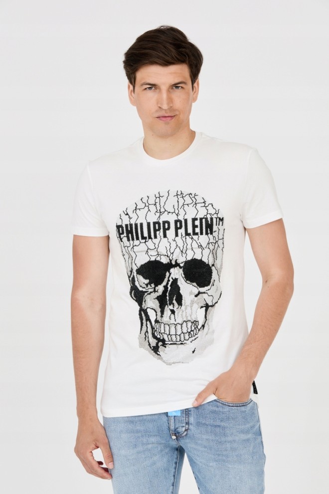 PHILIPP PLEIN Męski t-shirt biały z popękaną czaszką, Rozmiar XXL