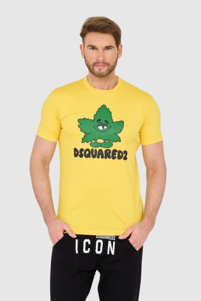 DSQUARED2 Żółty męski t-shirt z logo i zielonym liściem, Rozmiar S