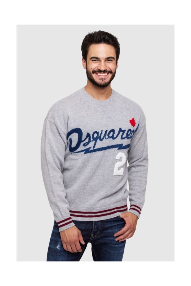 DSQUARED2 Szary sweter męski z granatowym logo, Rozmiar S
