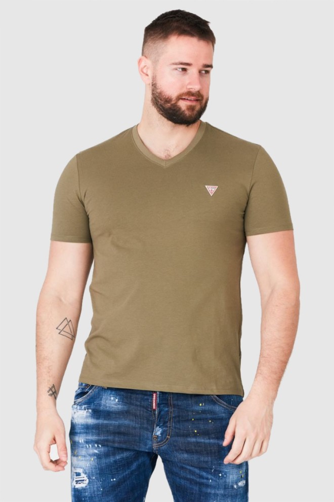 GUESS Khaki t-shirt męski w serek, Rozmiar S
