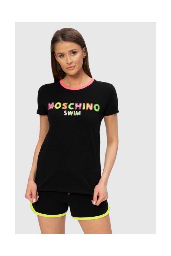 MOSCHINO Czarny t-shirt damski z neonowym logo