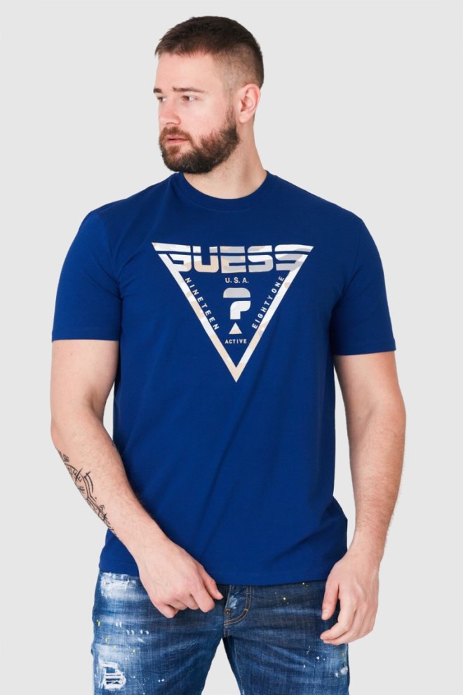 GUESS Granatowy t-shirt męski z logo w moro, Rozmiar L