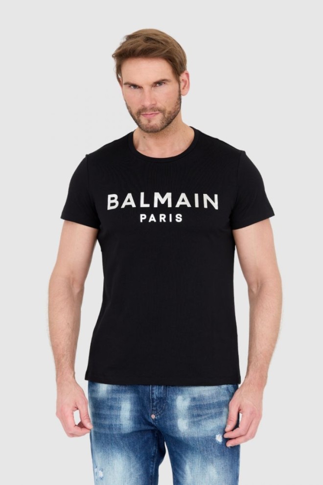 BALMAIN Czarny t-shirt męski ze srebrnym logo, Rozmiar 2XL