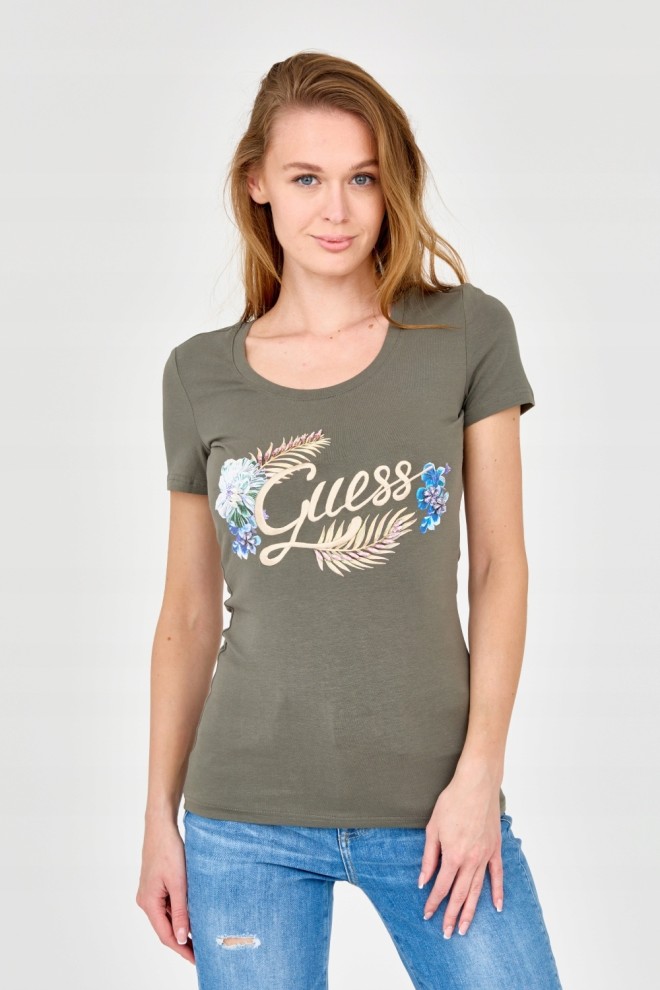 GUESS Damski zielony t-shirt ze zdobionym logo, Rozmiar XS