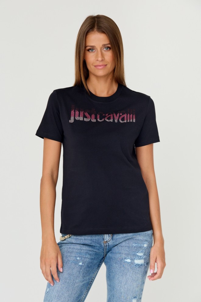 JUST CAVALLI Czarny damski t-shirt R LOGO CRYSTAL, Rozmiar XL