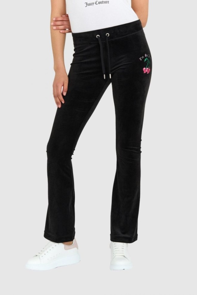 JUICY COUTURE Czarne welurowe spodnie dresowe damskie z haftowanymi wisienkami, Rozmiar M