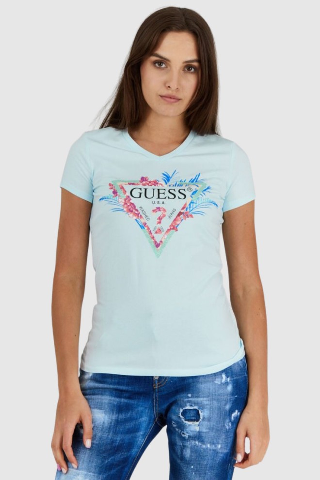 GUESS Błękitny t-shirt damski z logo z liśćmi i cyrkoniami, Rozmiar L