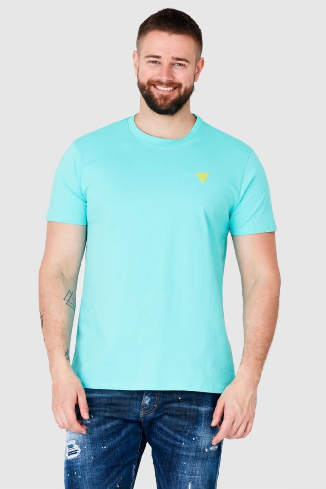 GUESS Turkusowy t-shirt męski z żółtym logo, Rozmiar S