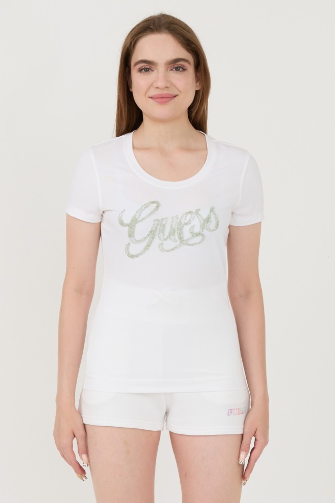 GUESS Biały damski t-shirt Script, Rozmiar S