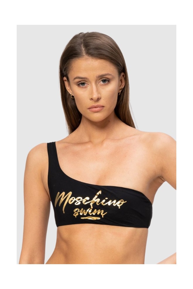 MOSCHINO Asymetryczna góra od bikini ze złotym logo, Rozmiar M