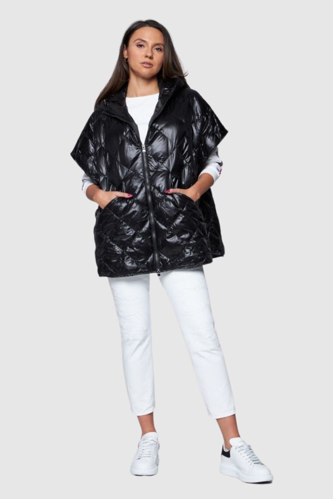 HETREGO Czarny damski puchowy bezrękawnik Ginger z kapturem, Rozmiar M