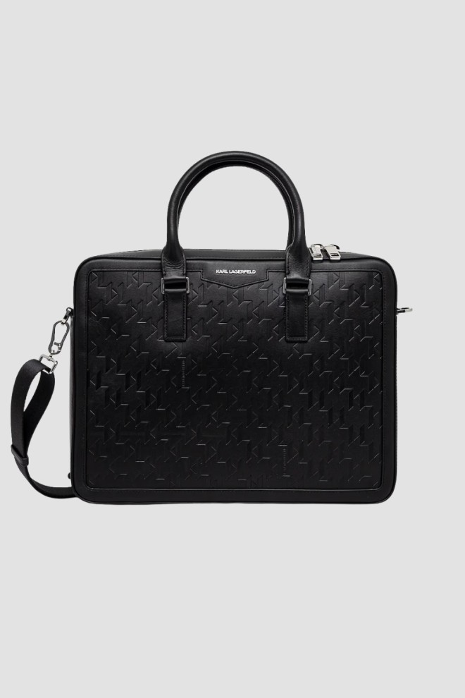 KARL LAGERFELD Czarna męska aktówka skórzana z monogramem