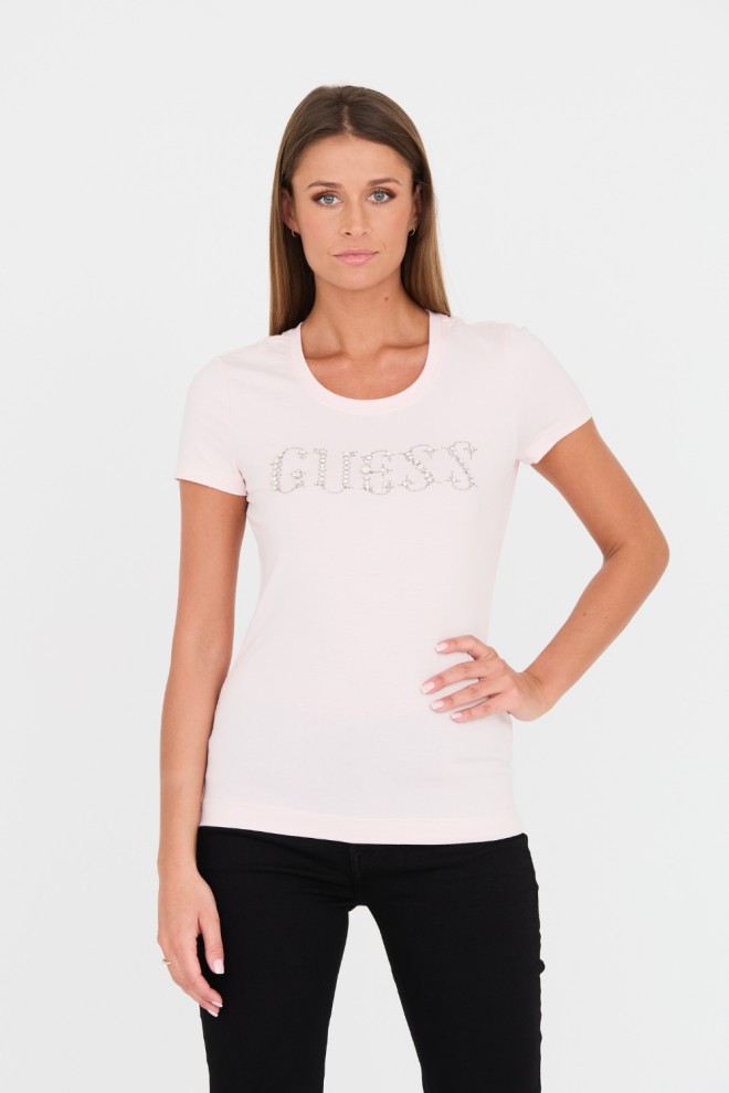 GUESS Różowy damski t-shirt bawełniany Stones Logo Tee, Rozmiar L