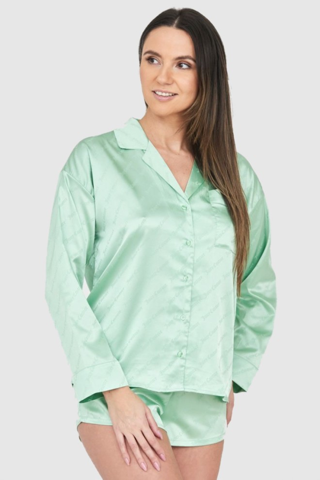 JUICY COUTURE Zielona satynowa koszula piżamowa damska w logo, Rozmiar M