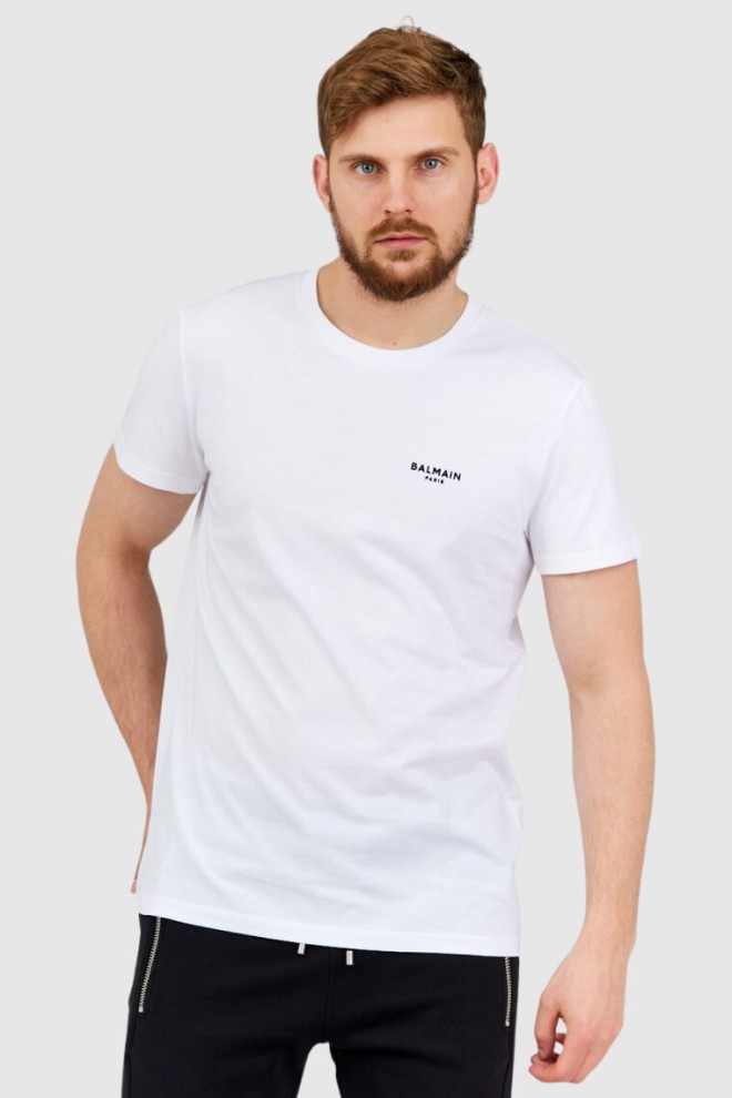BALMAIN Biały t-shirt męski z małym aksamitnym logo, Rozmiar S
