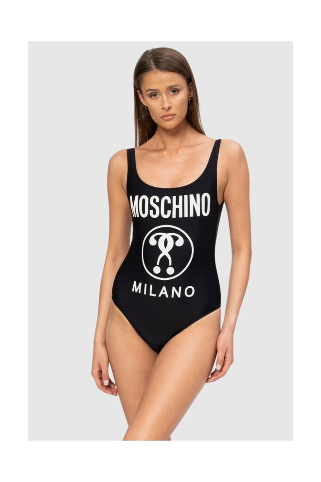 MOSCHINO Czarny jednoczęściowy strój kąpielowy damski z białym logo, Rozmiar XS
