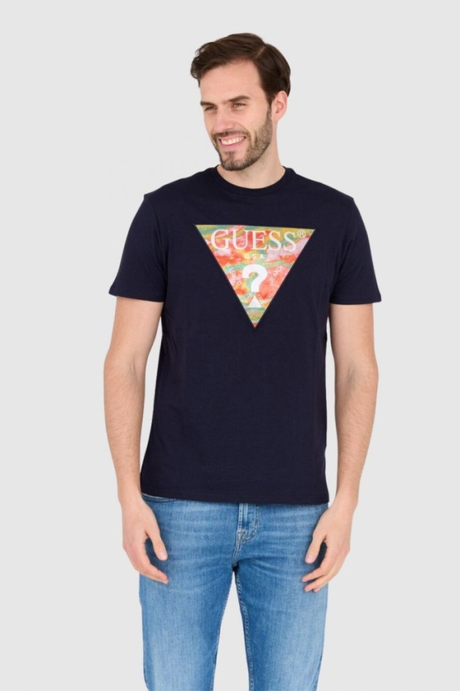 GUESS Granatowy bawełniany męski T-shirt slim fit, Rozmiar S