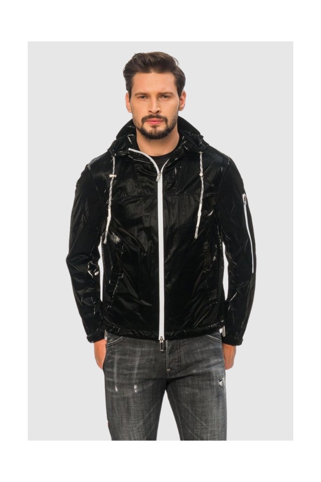 EMPORIO ARMANI Czarna męska kurtka z tkaniny technicznej extra shiny glass, Rozmiar 54