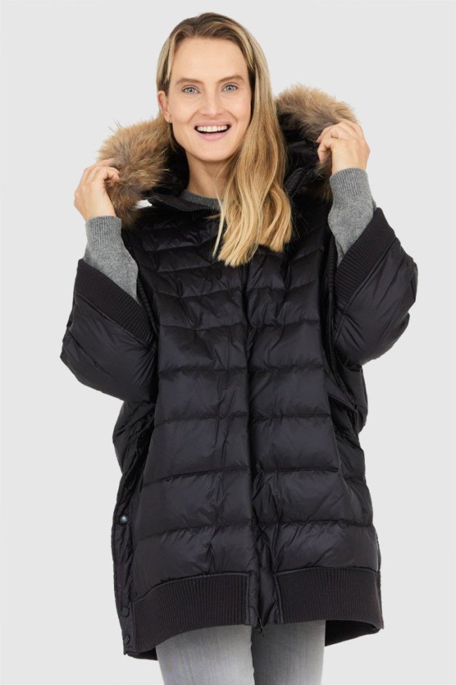 BLAUER Czarny damski płaszcz puchowy z futrem jenota, Rozmiar S