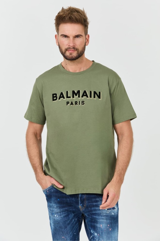 BALMAIN Zielony męski t-shirt Flock&foil T-shirt Bulky Fit, Rozmiar M