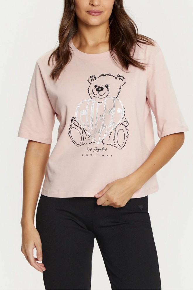 GUESS Różowy t-shirt damski Bear Boxy, Rozmiar M