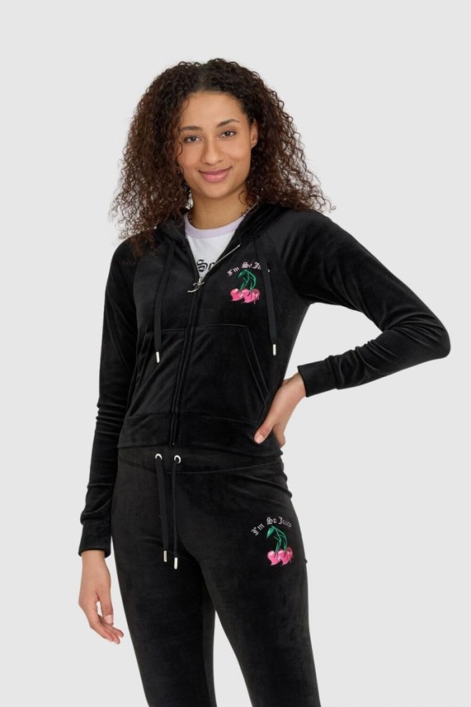 JUICY COUTURE Czarna welurowa bluza dresowa damska z haftowanymi wisienkami, Rozmiar L