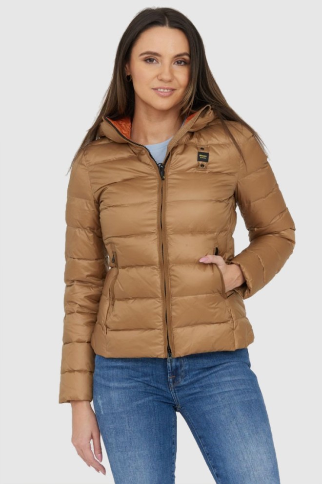 BLAUER Brązowa puchowa damska kurtka z kapturem Claudia fashion down jacket with hood, Rozmiar L