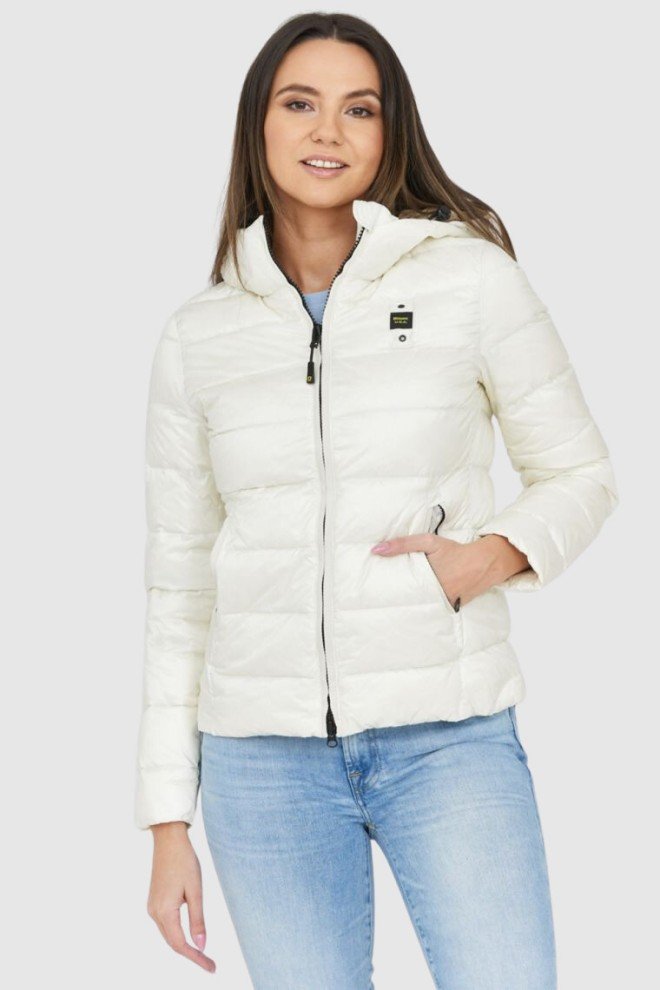 BLAUER Puchowa kurtka ecru damska z kapturem Claudia fashion down jacket with hood, Rozmiar S