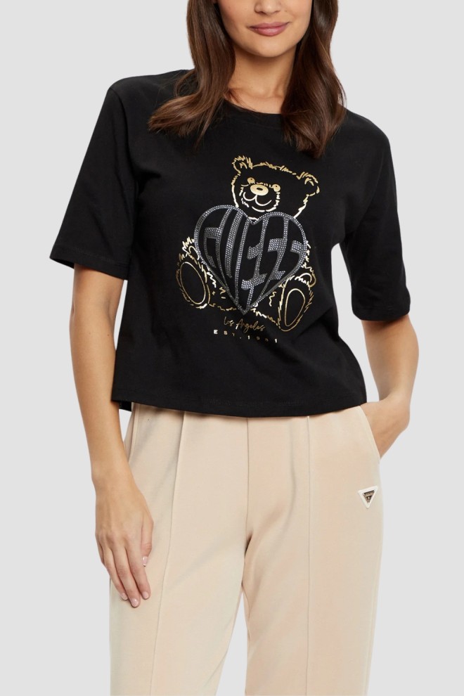 GUESS Czarny t-shirt damski Bear Boxy, Rozmiar L