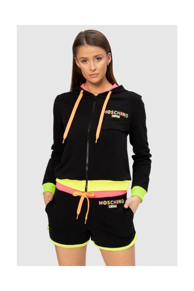 MOSCHINO Czarna bluza damska z kapturem i neonowym logo, Rozmiar L