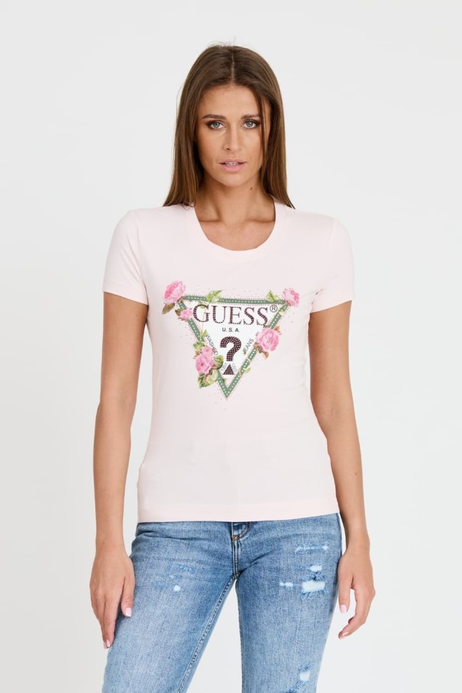GUESS Różowy damski t-shirt Floral Triangle Tee, Rozmiar M