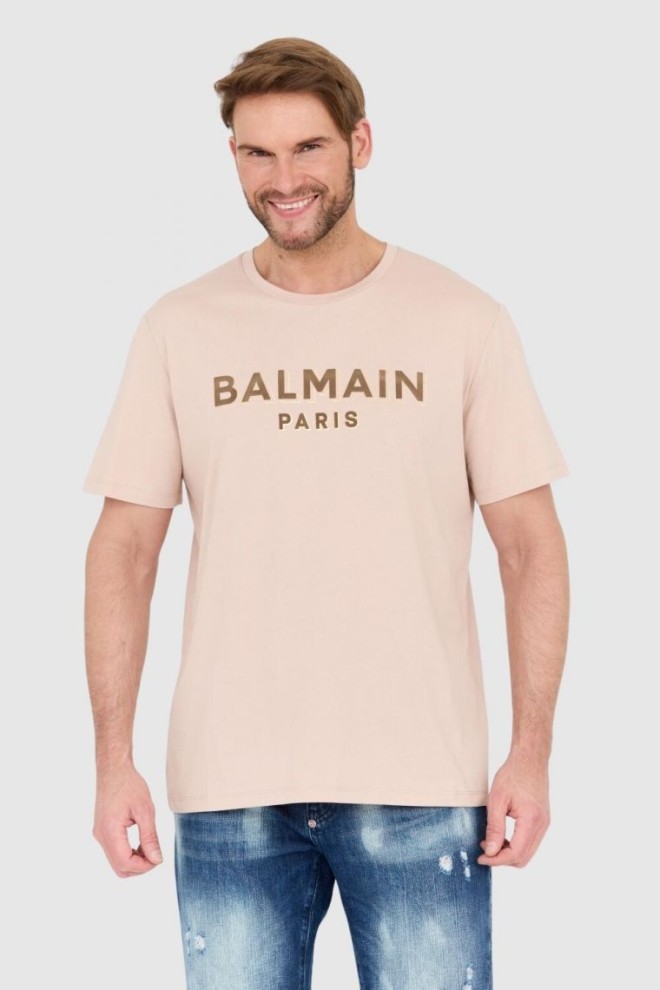 BALMAIN Beżowy męski t-shirt z aksamitnym logo flock and foil, Rozmiar 2XL