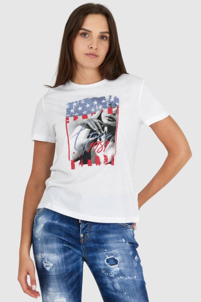 GUESS Biały t-shirt damski z nadrukiem i wiązaniem na plecach, Rozmiar XS