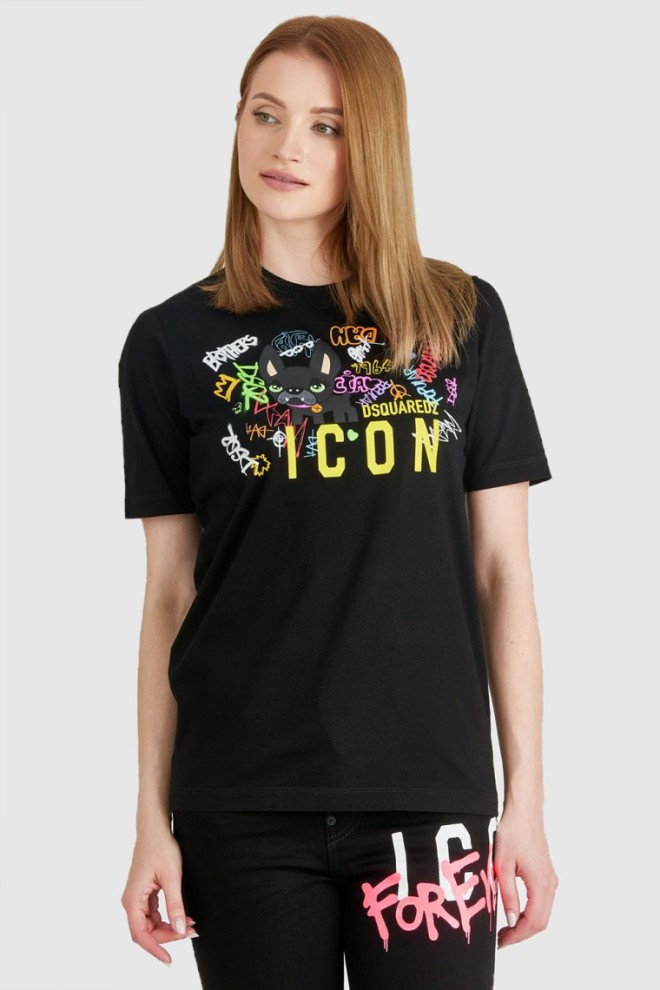 DSQUARED2 Czarny t-shirt damski z graffiti, Rozmiar S