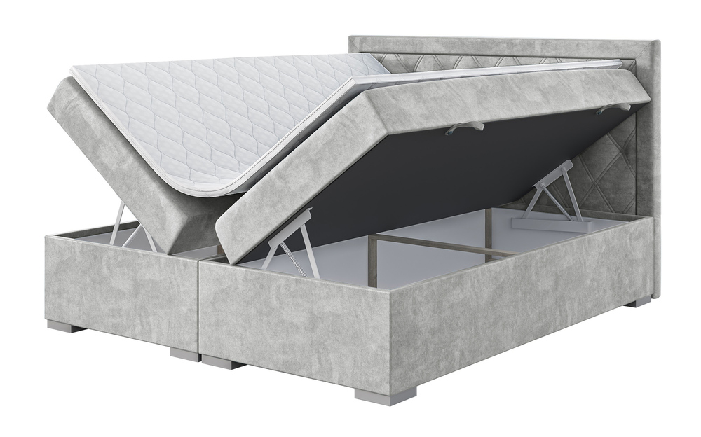 SELSEY Łóżko kontynentalne 160x200 cm Bottaiano z pojemnikami i topperem jasnoszare welur hydrofobowy