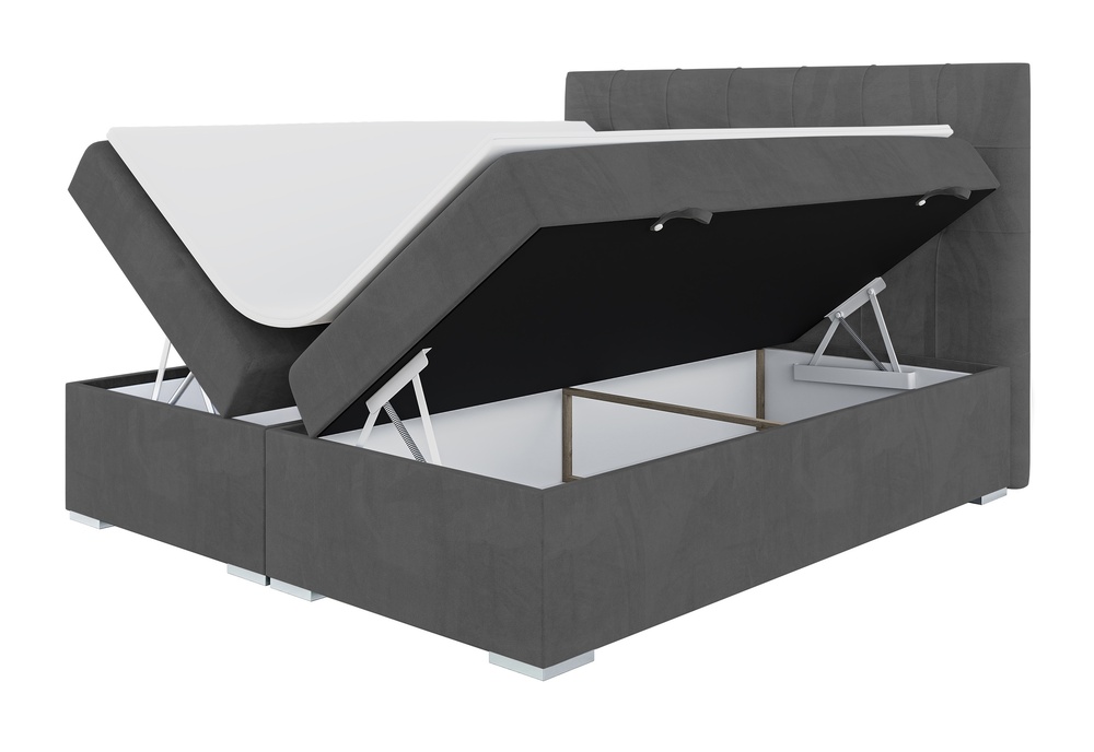 SELSEY Łóżko kontynentalne 140x200 cm Tondela z pojemnikami i topperem ciemnoszare welur hydrofobowy