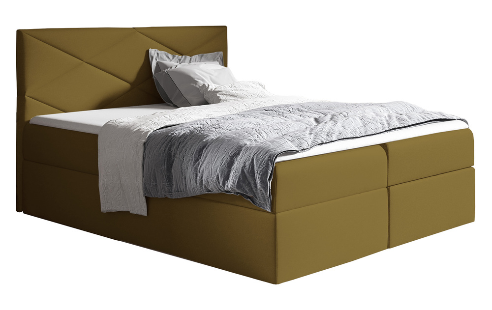 SELSEY Łóżko kontynentalne Galbena 140x200 z dwoma pojemnikami, materacem i topperem oliwkowe hydrofobowe