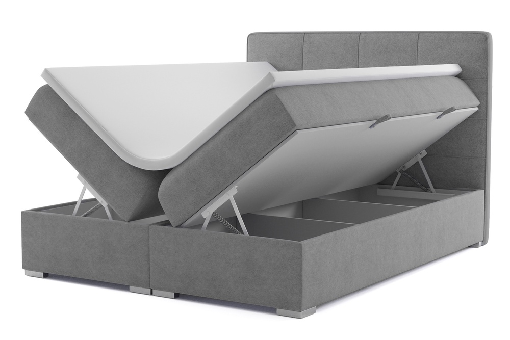 SELSEY Łóżko kontynentalne 160x200 cm Bongiorno z pojemnikami i topperem szare welur hydrofobowy