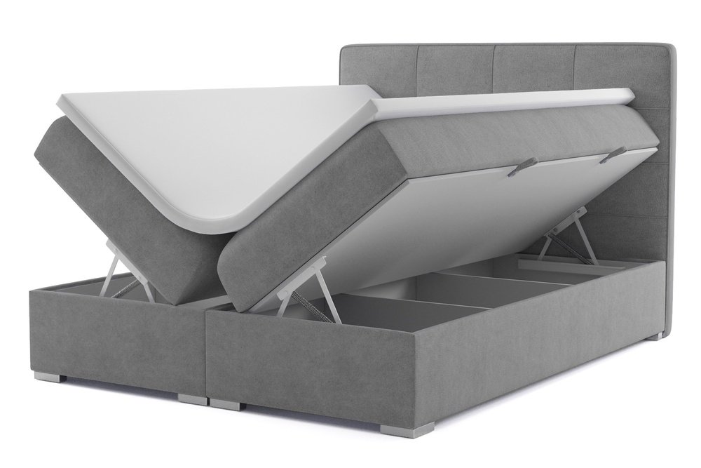 SELSEY Łóżko kontynentalne 160x200 cm Bongiorno z pojemnikami i topperem szare welur hydrofobowy