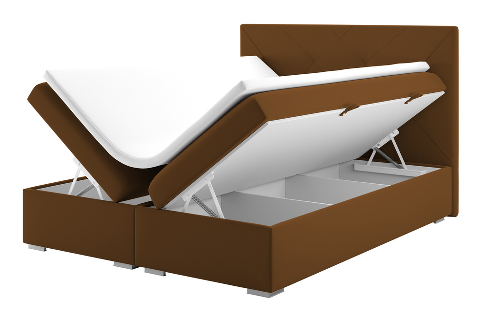 SELSEY Łóżko kontynentalne 140x200 cm Seleken z pojemnikami i topperem musztardowe welur hydrofobowy