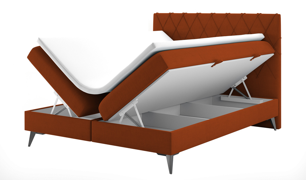 SELSEY Łóżko kontynentalne 160x200 cm Welagano z pojemnikami i topperem miedziane welur hydrofobowy