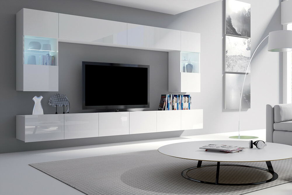 SELSEY Meblościanka Kirdon z wiszącymi witrynami i długą szafką rtv Biały mat / Biały połysk