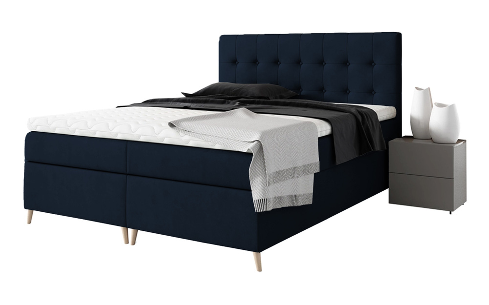 SELSEY Łóżko kontynentalne Merrans 160x200 z dwoma pojemnikami, materacem i topperem granatowe hydrofobowe