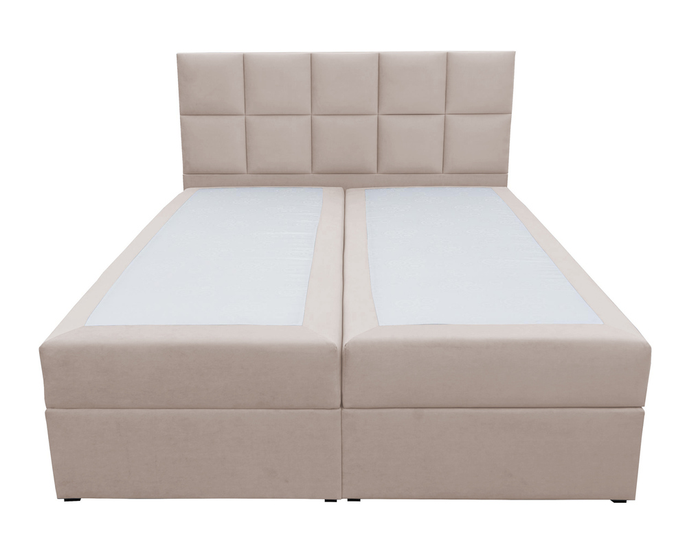 SELSEY Łóżko kontynentalne 160x200 cm Capelio z pojemnikami i materacami bonellowymi jasnobeżowe welur hydrofobowy