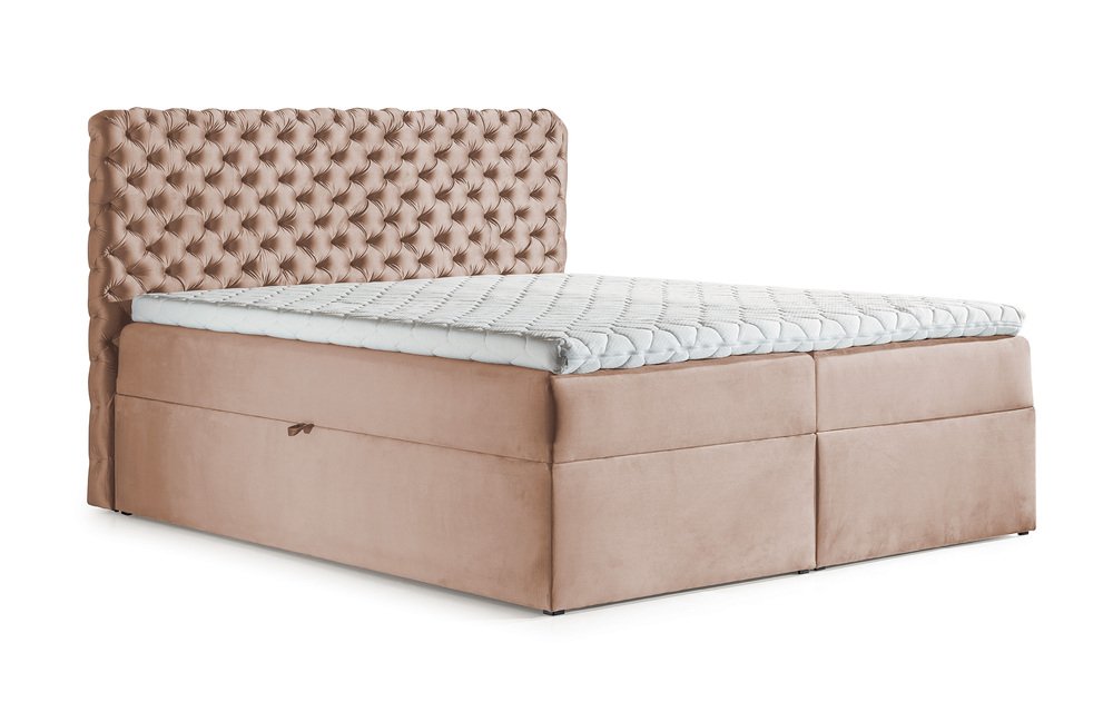 SELSEY Łóżko kontynentalne Costmary 160x200 z dwoma pojemnikami, materacem i topperem różowe hydrofobowe