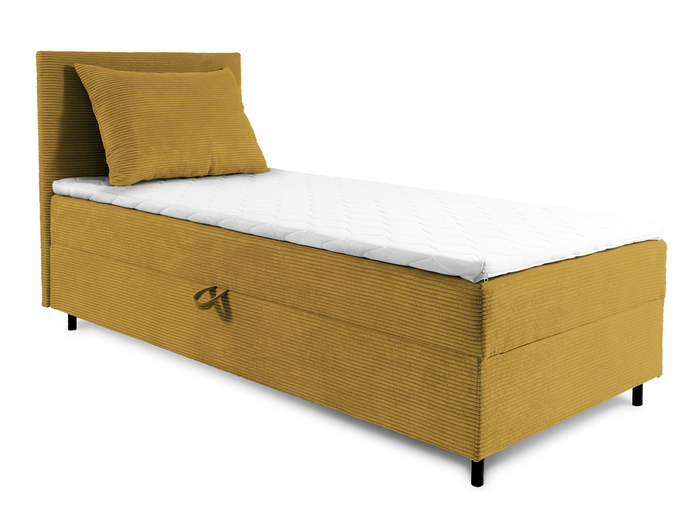 SELSEY Łóżko kontynentalne jednosobowe Montigo Mini 80x200 cm z pojemnikiem, topperem i poduszką musztardowe sztruks nogi czarne lewostronne