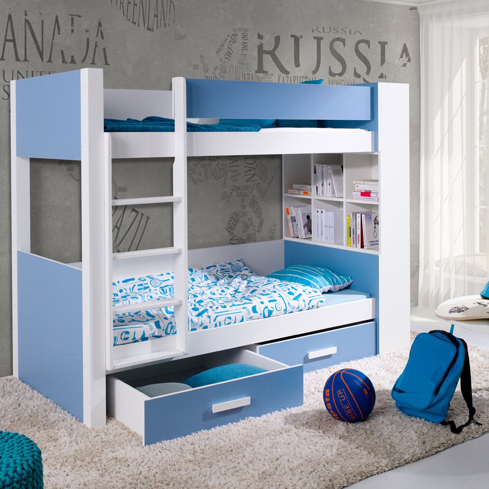 SELSEY Łóżko piętrowe z dwoma posłaniami Caravez dwie szuflady i regał biało-niebieskie